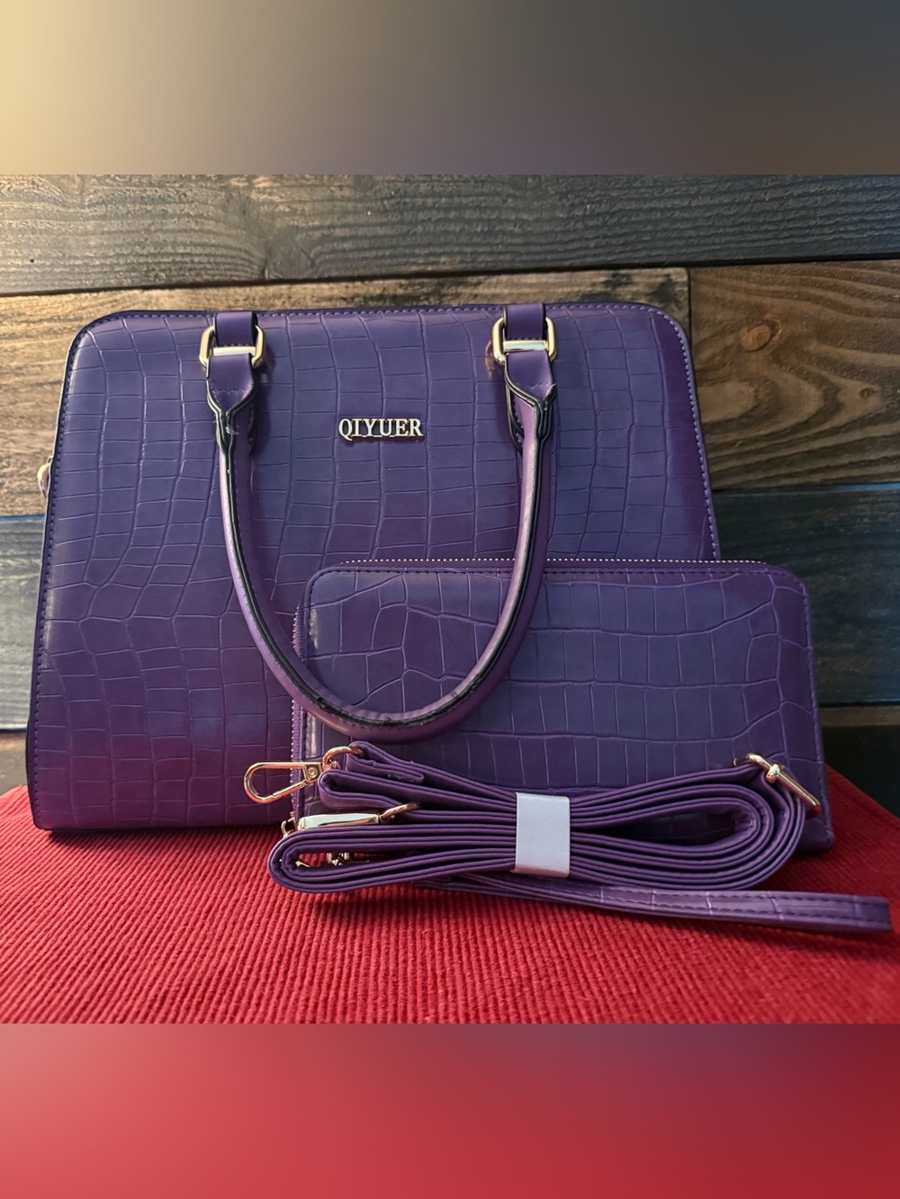 Qiyuer Purple Croc-Embossed Satchel Bag